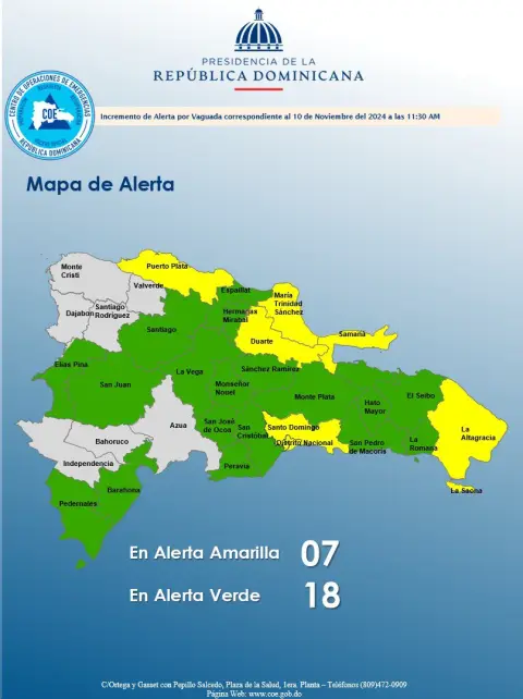 El COE aumenta 06 provincias y al Distrito Nacional en alerta amarilla y 18 en verde, debido a que producto de la inestabilidad de la vaguada y la humedad de la onda tropical,
