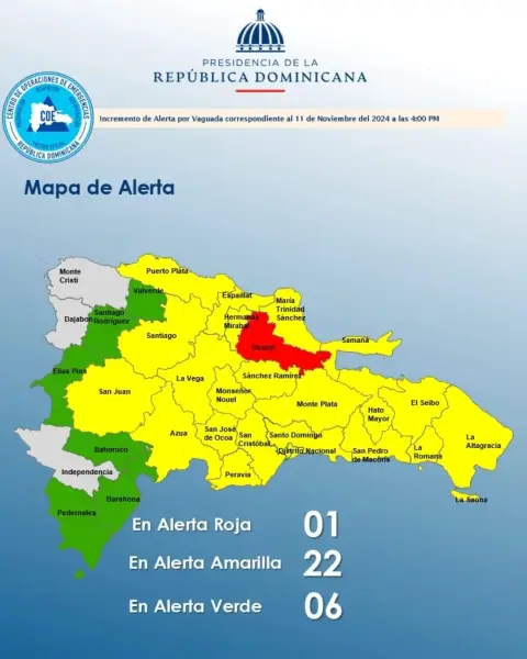 El COE coloca 01 provincia en alerta roja🔴, aumenta 21 y al Distrito Nacional en alerta amarilla🟡 y mantiene 06 en verde🟢