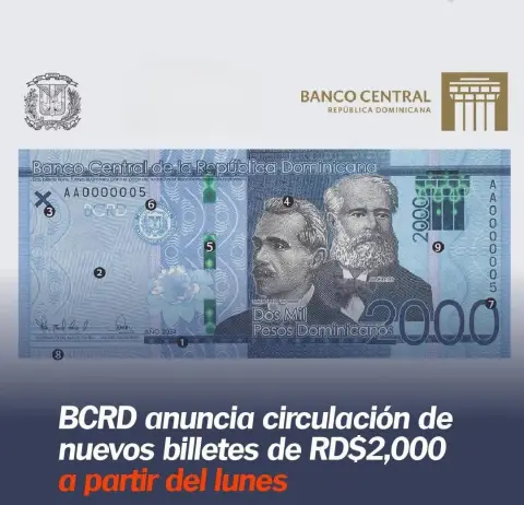 El Banco Central de la República Dominicana (BCRD) anunció que a partir del lunes 12 de mayo comenzarán a circular los nuevos billetes de RD$2,000.00, correspondientes al año 2024.