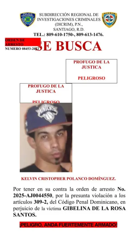 buscan activamente a Kelvin Cristopher Polanco Domínguez por amenaza y agresión física contra su expareja
